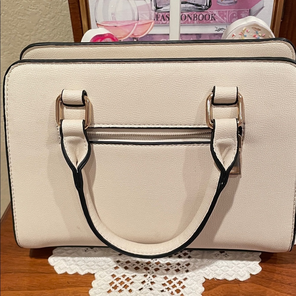 Cream Structured Satchel Handbag with Pink Bow Accent - Picture 2 of 4